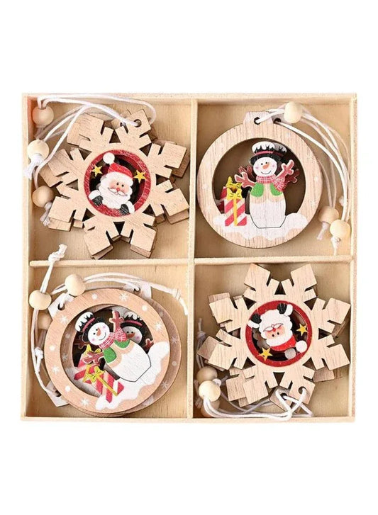 Wooden Christmas Ornaments - Hanging Christmas Tree, Wall, Window and Door Decorations 12 Pendants Santa Claus and Snowman
