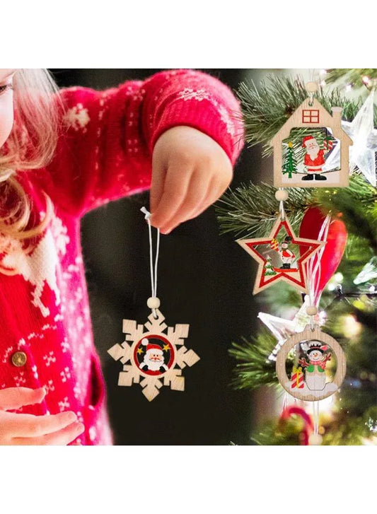 Wooden Christmas Ornaments - Hanging Christmas Tree, Wall, Window and Door Decorations 12 Pendants Santa Claus and Snowman