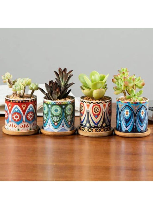 4 Pcs Succulent Indoor Flower Pots Small Modern Ceramic Indoor Plant Pot with Bamboo Tray for Cactus Herbs Home Interior Design 3 (Plants NOT Included) Fatio General Trading