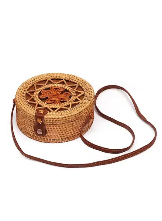 Hand made Round Rattan Bag for Women - Ladies Handmade Straw Bags - Trendy Wicker Purse with Brown Circle Design - Stylish Crossbody Bags for Fashionable Vibes for Girls