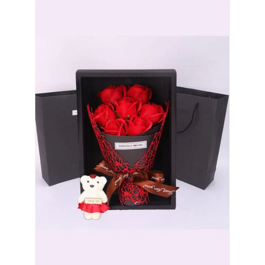 7 Rose Soap Flower With Teddy Bear Gift Box Small Bouquet For Wedding, Birthday,Christmas,Mother's Day, Valentine Day Gifts Fatio General Trading