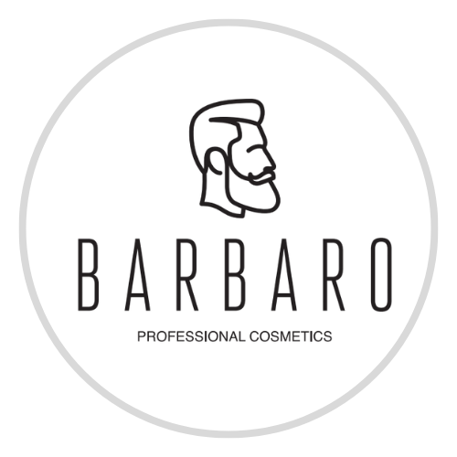 Logo of Barbaro Professional Cosmetics with a stylized illustration of a bearded man's head.