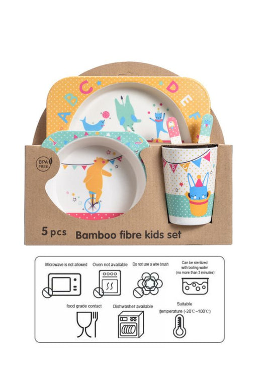 مجموعة أواني طعام من ألياف الخيزران الصديقة للبيئة مكونة من 5 قطع - مجموعة أدوات مائدة كرتونية مبتكرة للأطفال - حل مثالي لتغذية الطفل، السيرك
