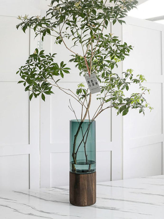 مزهرية زجاجية أنيقة بقاعدة خشبية - ديكور منزلي مصنوع يدويًا للمنزل والمكاتب