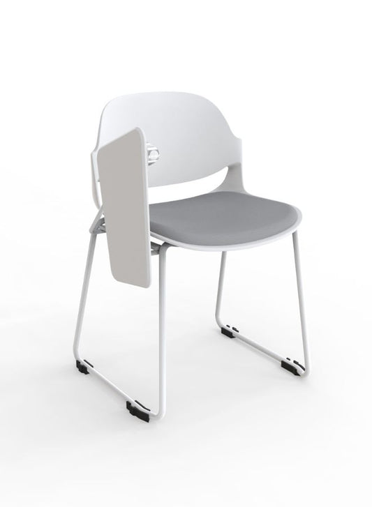 White Frame Training Chair with Writing Pad – Comfortable Grey Fabric & Painted Legs