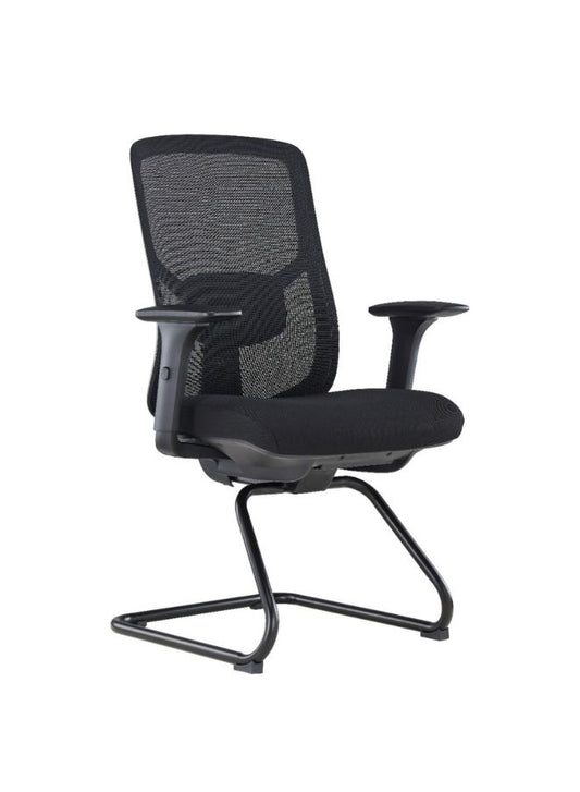 Black office chair with mesh back on a white background