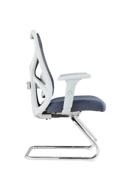 Ergonomic office chair with grey seat and white frame on a white background