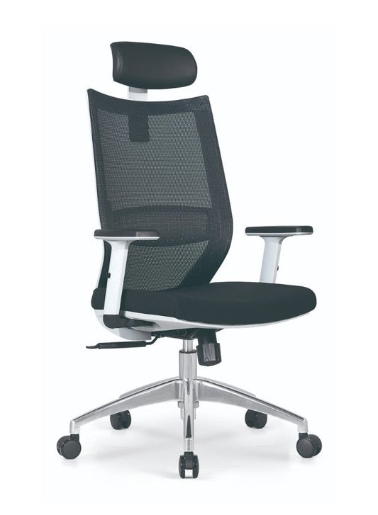 Black office chair with headrest on a white background