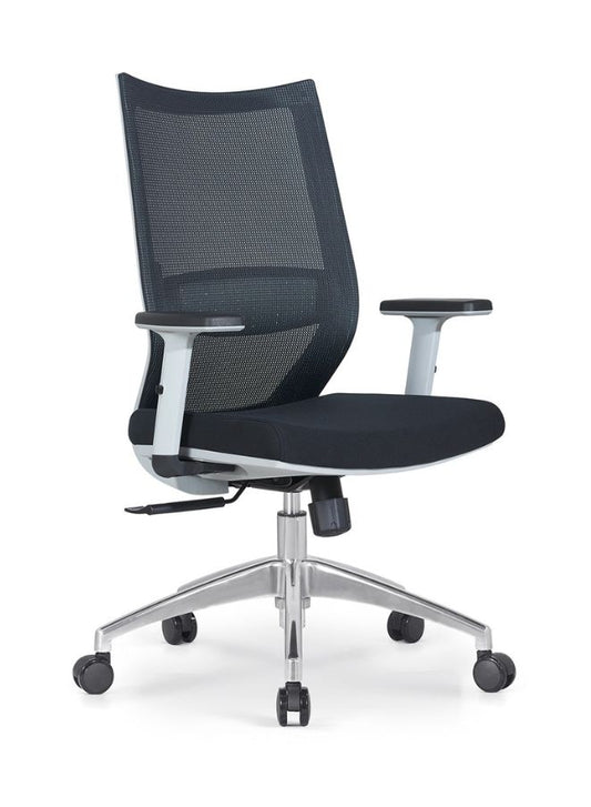 Black office chair with mesh backrest on a white background