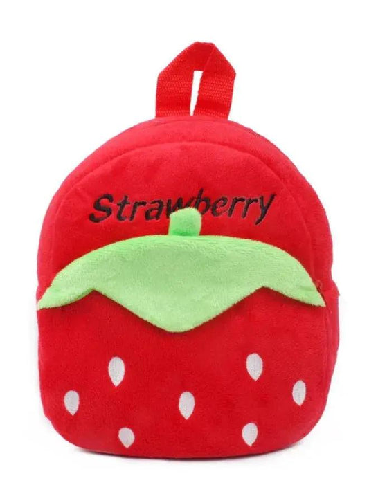 Red strawberry-shaped backpack with green leaves on a white background