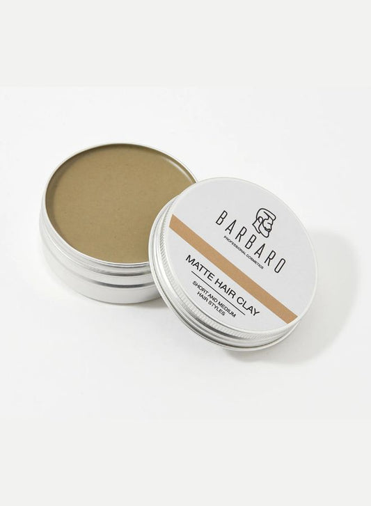 Barbaro Matte Hair Clay container with open lid on a white background