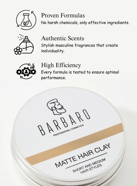 Barbaro Matte Hair Clay with product features listed above it.
