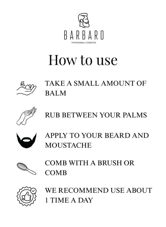 Instructions for using a beard balm with icons and text on a white background