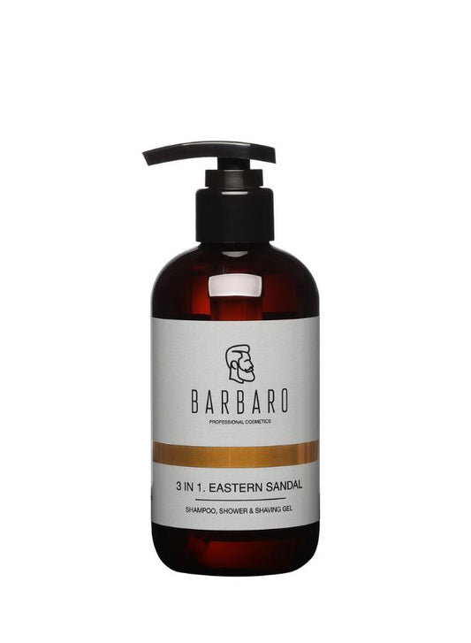 Barbaro 3-in-1 shampoo, shower, and shaving gel bottle on a white background