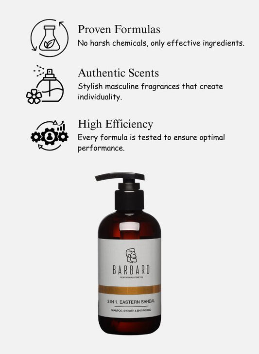 Barbaro shampoo bottle with product features listed on a white background