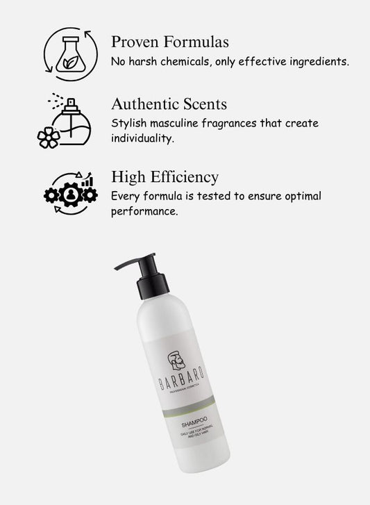 Barbaro shampoo bottle with product features on a white background