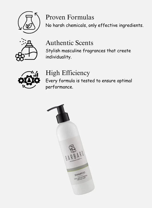 Barbaro shampoo bottle with product features on a white background