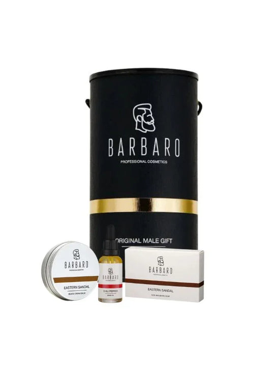 Barbaro grooming products including a beard oil, beard cream, and beard soap on a white background