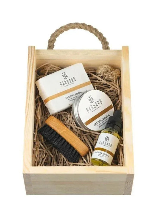 BARBARO 4-in-1 Beard Care Set | Luxury Wooden Box Edition (Soap, Oil, Balm & Brush)