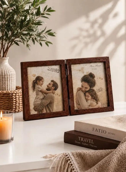 Dual-Fold Wooden Photo Frame – Display 4 Photos | Dark Brown