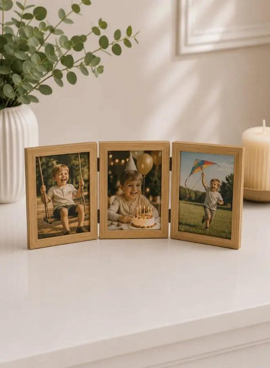 Triple-Fold Wooden Photo Frame – Display 6 Photos in One Elegant Frame