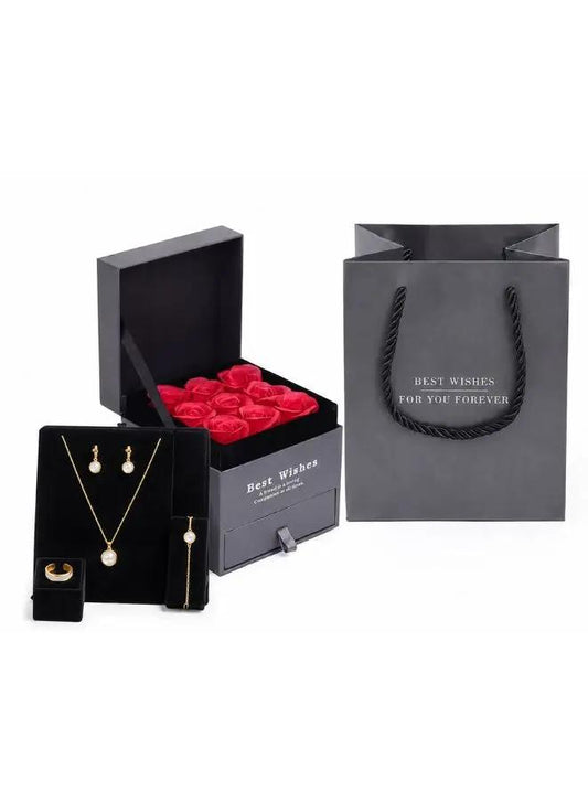 Elegant Roman Numerals Jewelry Gift Set for Women – White Necklace, Earrings, Ring & Bracelet with Eternal Rose Gift Box