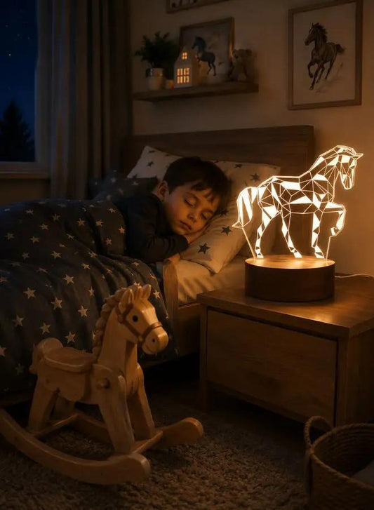 Creative Night Light 3D Warm White Acrylic/Wooden Base Bedroom Small Decorative 3D Lamp Night Lights For Home Decoration, Horse