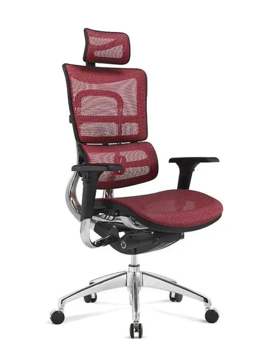 Red office chair with mesh back and chrome base on a white background