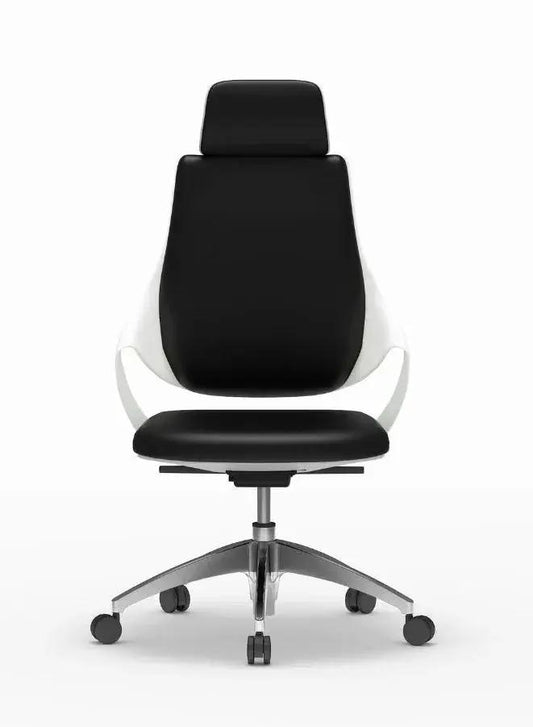 Black office chair with white frame on a white background