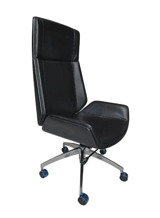 Black office chair with wheels on a white background