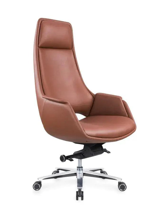 Brown leather office chair with a high back on a white background