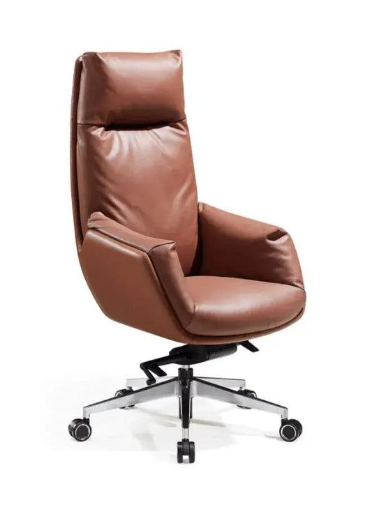 Brown leather office chair with a high backrest on a white background