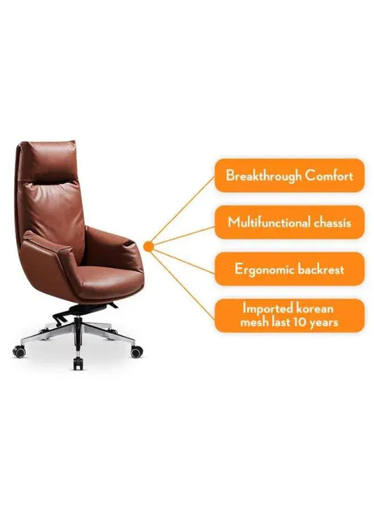Brown office chair with features listed on a white background