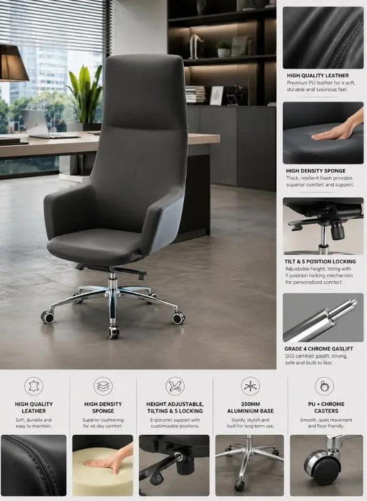 Luxury Executive Genuine Leather Office Chair with 5-Position Tilt, Grade 4 Chrome Gaslift & 350mm Aluminum Base | Optional Headrest | Fatio