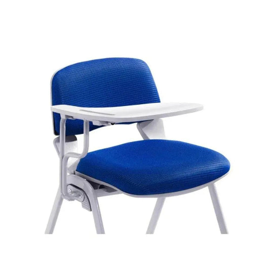 Blue chair with a white desk attached on a white background