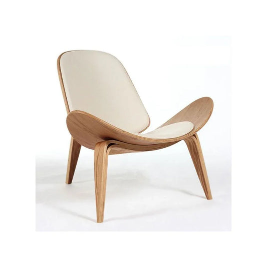 Modern chair with wooden frame and white cushion on a white background