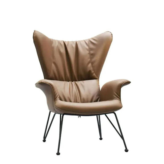 Brown wingback chair with black metal legs on a white background