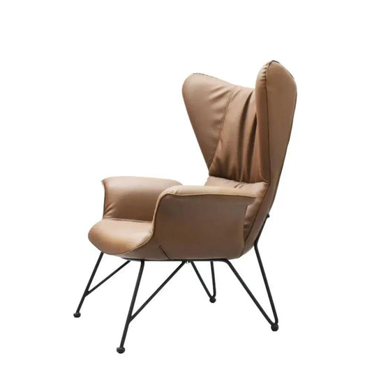 Brown wingback chair with black metal legs on a white background