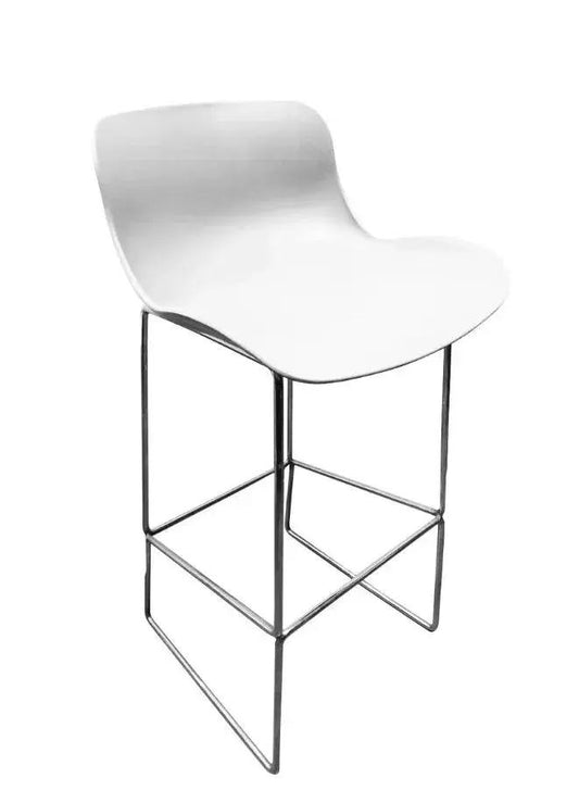 White bar stool with a black metal frame on a white background