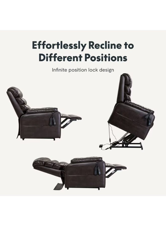 Brown recliner chair with text 'Effortlessly Recline to Different Positions' on a white background