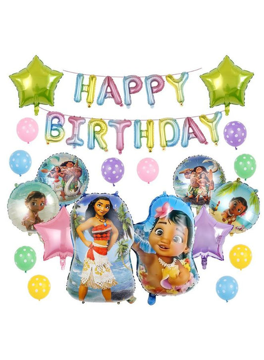 Moana-Themed Foil Balloon Set with Happy Birthday Letters, Stars, and Dotted Balloons – 17-Piece Uninflated Party Decoration Kit