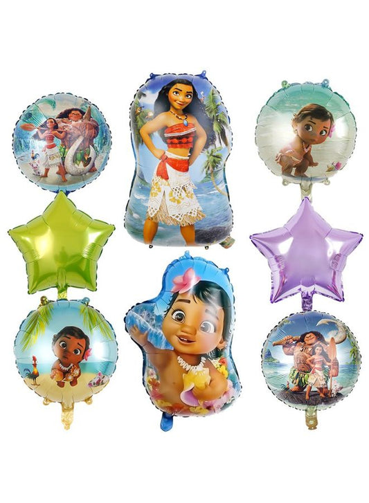 8-Piece Moana and Baby Moana Foil Balloon Set for Kids Birthday Party – Character & Star Balloons – Uninflated