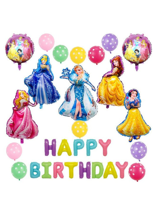 12-Piece Princess Foil Balloon Set for Girls Birthday Party – Large Character Balloons, Round Princess Balloons, Polka Dot Balloons & Happy Birthday Letters – Uninflated