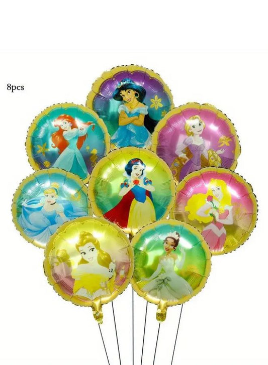 8-Piece Princess Round Foil Balloon Set for Girls Birthday Party – Uninflated Cartoon Character Decorations