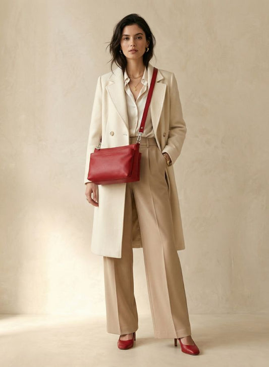 Effetty 3 Partitions Shoulder Handbag made from Genuine Leather, Red