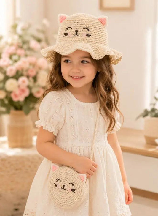 Adorable Kids Summer Straw Hat with Cat-Ear Shaped Cap, Smile Face, and Matching Handbag - Wide Brim Girls Straw Sun Hat for Stylish Sun Protection and Playful Adventures