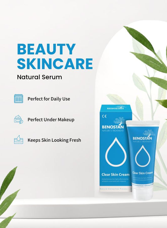 Benostan skincare products with packaging and natural elements on a white background