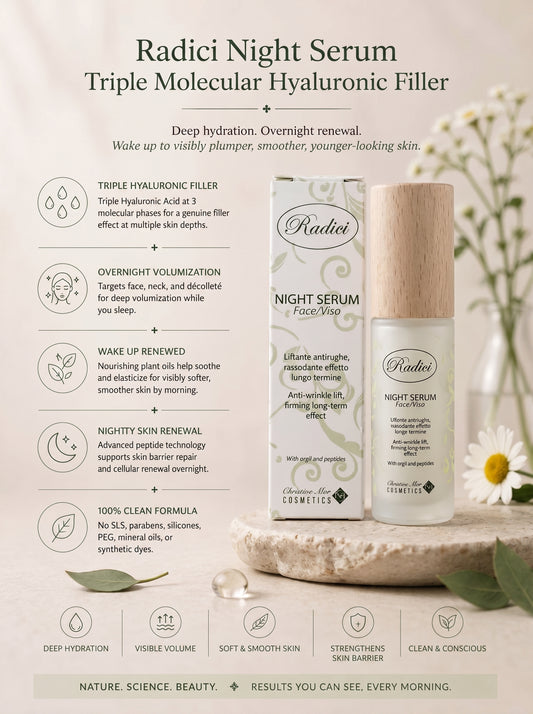 RADICI Night Serum | Triple Hyaluronic Acid at 3 Molecular Phases | Filler Effect on Deep Wrinkles | Jojoba + Rice Oil | Wake Up Transformed | No Parabens | 30ml