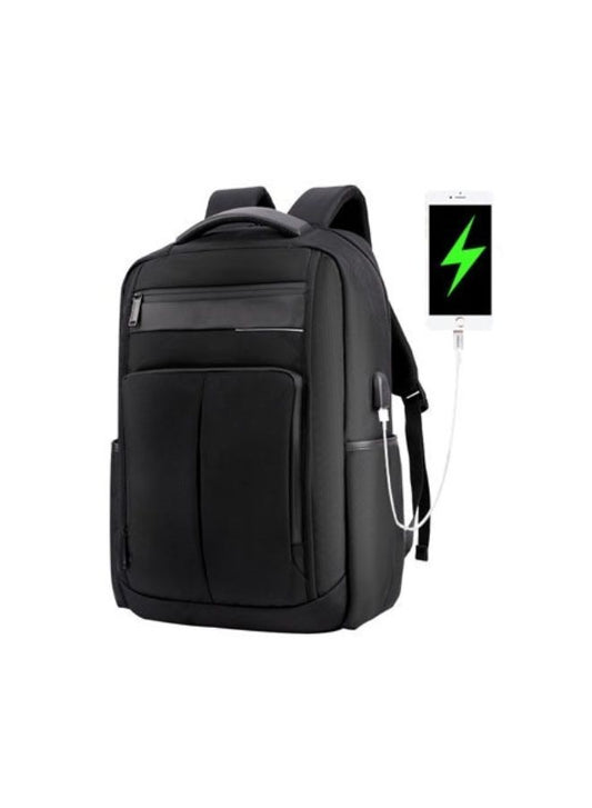 Black Laptop Backpack - 15.6" Water-Resistant Polyester Business Bag with USB Charging Port