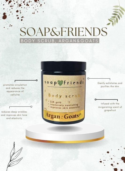Soap&Friends Argan & Goats Body Scrub with Argan Oil, Shea Butter & 22K Gold – Salt & Sugar Exfoliator for Smooth & Radiant Skin, 200g